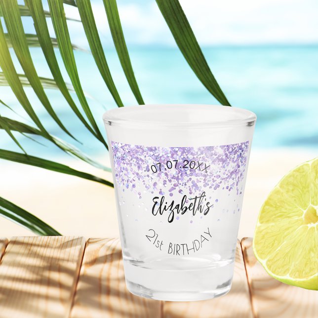 Birthday party violet cofetti name date shot glass (Creator Uploaded)