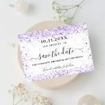 Birthday party violet confetti white save the date<br><div class="desc">A girly and trendy Save the Date card for a 40th (or any age) birthday party. A white colored background decorated with confetti. Personalize and add a date and name/age 40. Black colored letters. The text: Save the Date is written with a large trendy hand lettered style script. Back: violet,...</div>