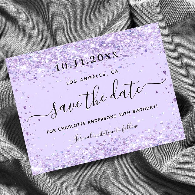 Birthday party violet glitter budget save the date flyer (Creator Uploaded)