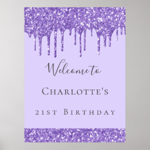Birthday party violet lavender glitter name poster