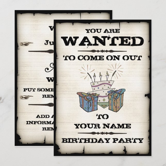 Birthday Party Wanted Invitations (Front/Back)