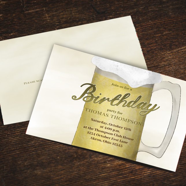 Birthday Party Watercolor Gold Beer QR Code Invitation (Birthday party golden lager beer glass invitation )