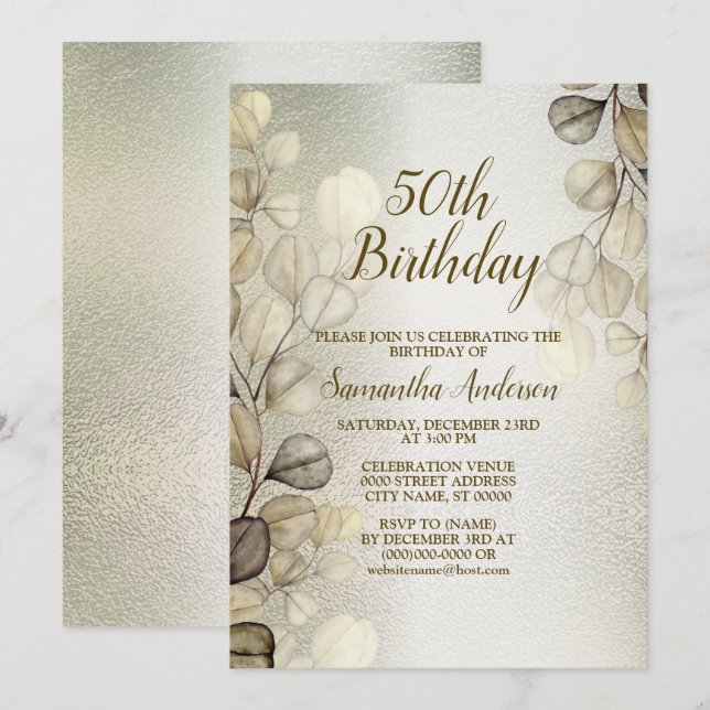Birthday Party Watercolor Golden Eucalyptus Shiny Invitation (Front/Back)