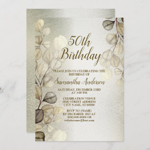 Birthday Party Watercolor Golden Eucalyptus Shiny Invitation