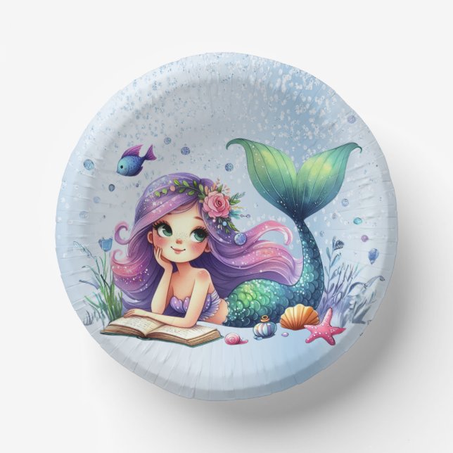 Birthday Party Watercolor Mermaid Sea Life Cute Paper Plate (Front)