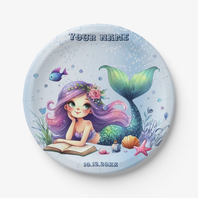 Birthday Party Watercolor Mermaid Sea Life Cute Paper Plate (Front)