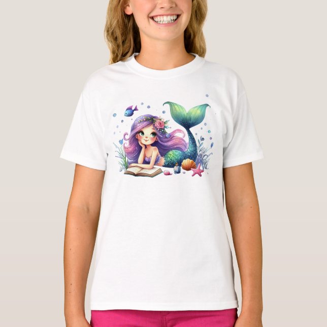 Birthday Party Watercolor Mermaid Sea Life Cute T-Shirt (Front)
