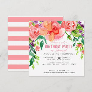 Birthday Party Watercolor Modern Bright Floral Art Invitation