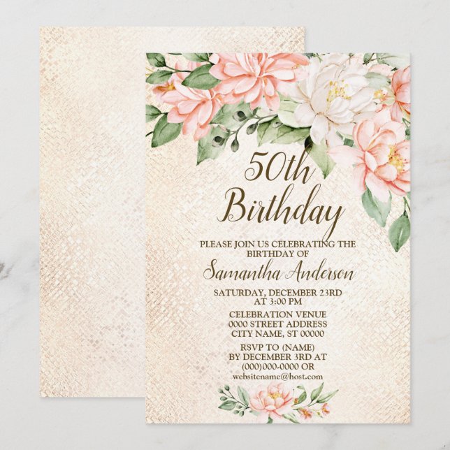 Birthday Party Watercolor Peach White Flowers Invitation (Front/Back)