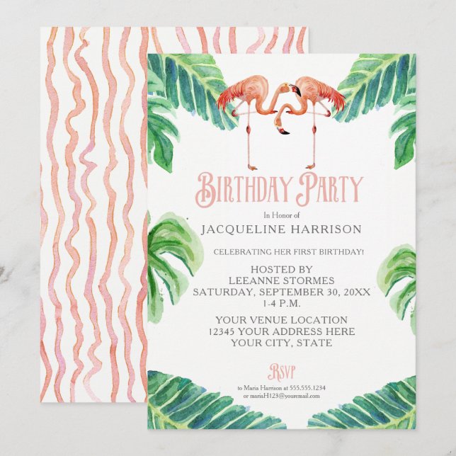 Birthday Party Watercolor Pink Flamingo Leaves Invitation (Front/Back)