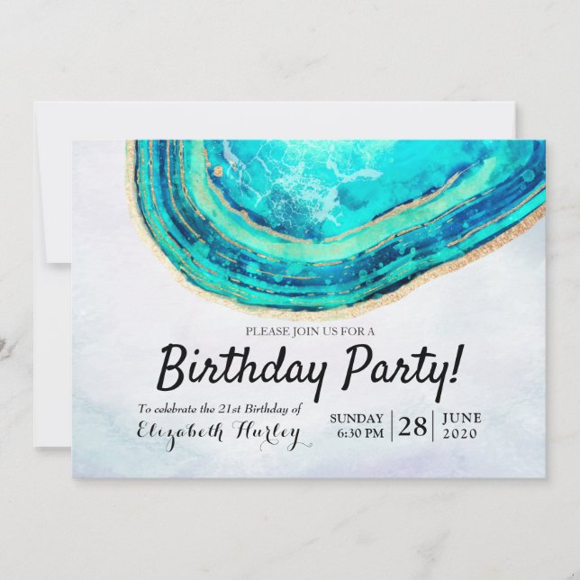 Birthday Party Watercolor Teal & Gold Agate Geode Invitation (Front)