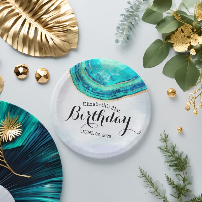 Birthday Party Watercolor Teal & Gold Agate Geode Paper Plate (Creator Uploaded)