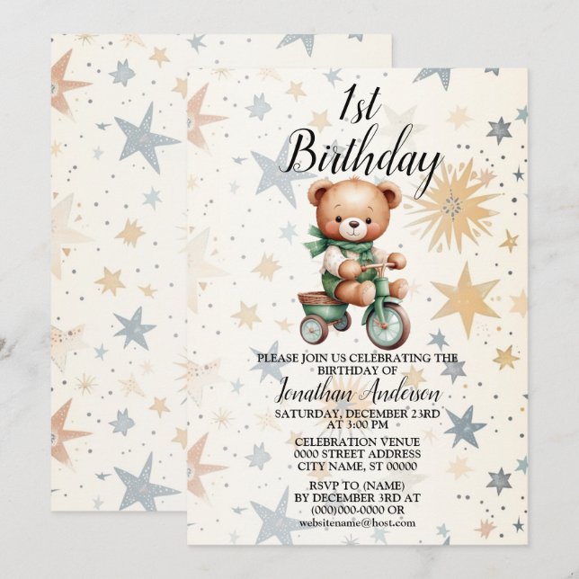 Birthday Party Watercolor Teddy Bear Green Bike Invitation (Front/Back)