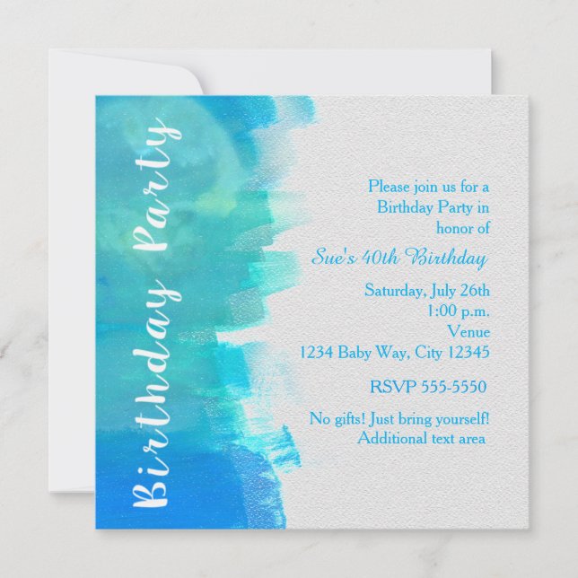 BIRTHDAY PARTY Watercolor Tropical Blue Invitation (Front)