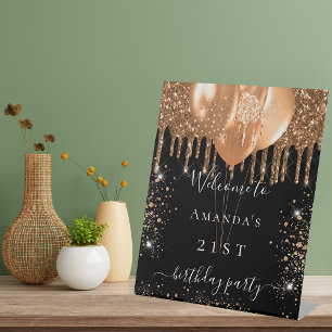 Birthday party welcome black gold glitter drips pedestal sign