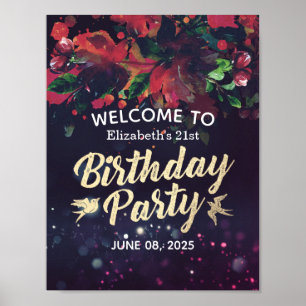 Birthday Party Welcome Marsala Floral Purple Light Poster