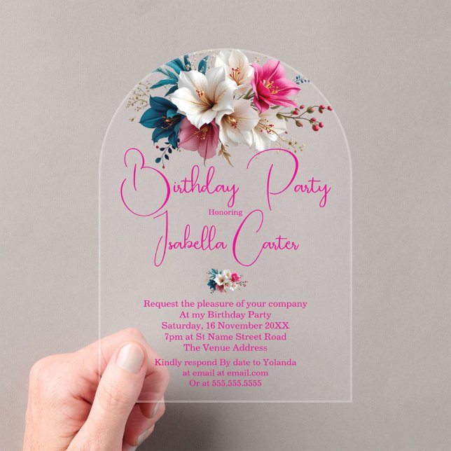 Birthday Party White Blue Pink Flowers Acrylic Invitations (Creator Uploaded)