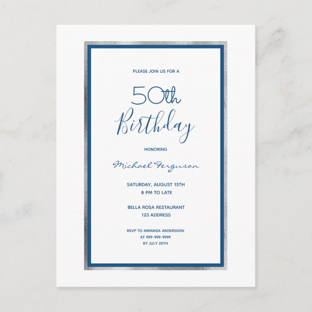 Birthday party white blue silver simple invitation postcard (Front)