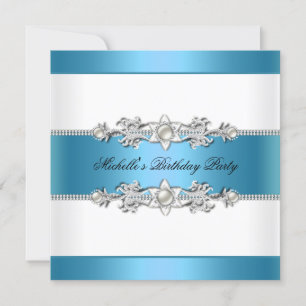 Birthday Party White Blue Teal Pearl Jewel Invitation