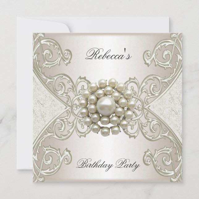 Birthday Party White Cream Pearl Invitation (Front)