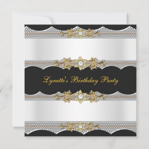 Birthday Party White Gold Black Silver Diamond Invitation