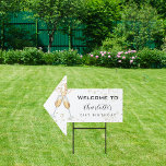 Birthday party white gold bubbles name arrow garden sign<br><div class="desc">For an elegant birthday party.  Decorated with a pair of flutes,  glasses and golden bubbles. A chic white background. Personalise and add a name.</div>
