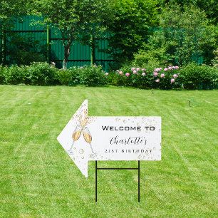 Birthday party white gold bubbles name arrow garden sign