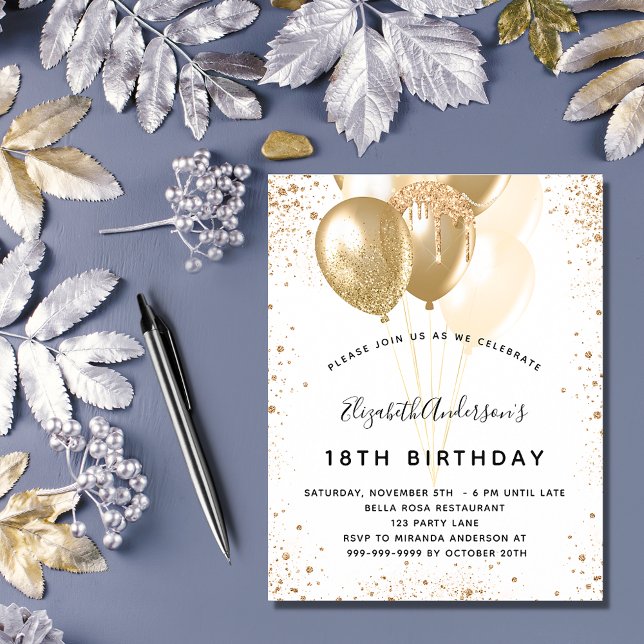 Birthday party white gold glitter balloons flyer (Creator Uploaded)