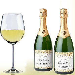 Birthday party white gold glitter dust name sparkling wine label