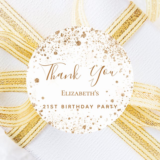 Birthday Party white gold glitter name Thank You Classic Round Sticker (Creator Uploaded)