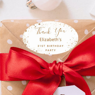 Birthday Party white gold glitter name Thank You Oval Sticker