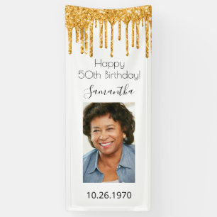 Birthday party white gold photo glitter glam banner