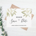 Birthday party white green botanical save the date postcard<br><div class="desc">An elegant and simple Save the Date card for a 50th (or any age) birthday party. A chic white background decorated olive green watercolored botanical florals, greenery. Templates for a date and name/age 50. Black coloured letters. The text: Save the Date is written with a large trendy hand lettered style...</div>