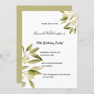 Birthday party white olive green botanicals chic invitation