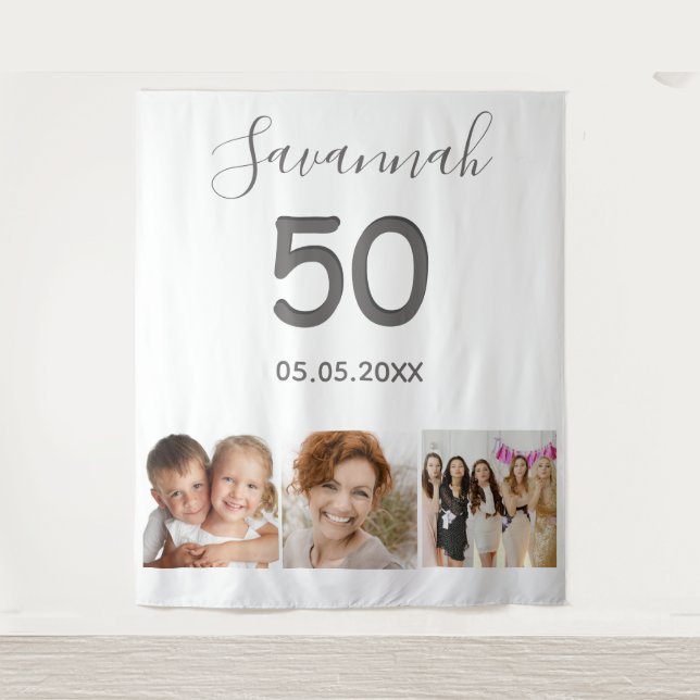 Birthday party white photo collage white name tapestry (Front)