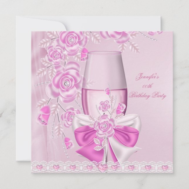 Birthday Party White Pink Flower Pink Champagne Invitation (Front)