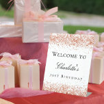 Birthday party white rose gold glitter welcome pedestal sign<br><div class="desc">A welcome sign for a girly and glamourous 21st (or any age) birthday party.  A stylish white background decorated with rose gold faux glitter,  sparkles.   Personalise and add a name and age 21.  Black letters.</div>