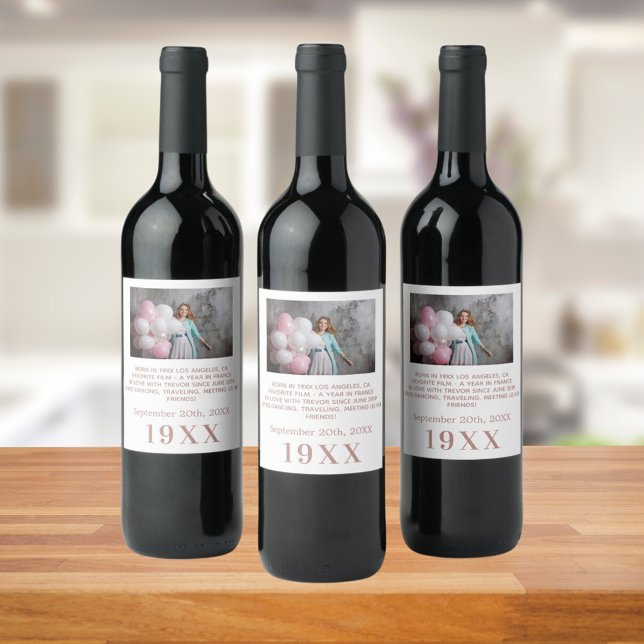 Birthday party white rose gold year born photo bio wine label (Creator Uploaded)