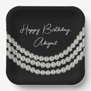 Birthday Party White String of Pearls On Black Paper Plate