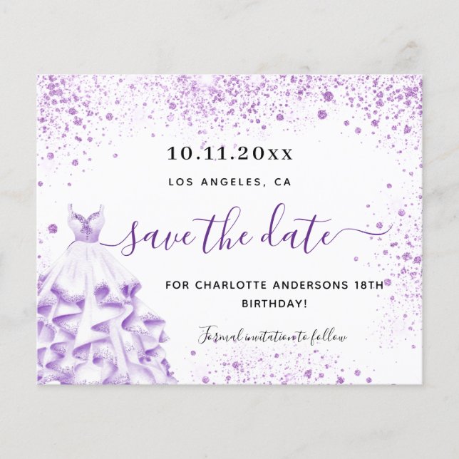 Birthday party white violet budget save the date flyer (Front)
