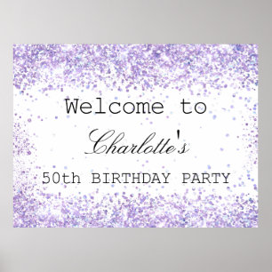 Birthday party white violet lavender glitter name  poster