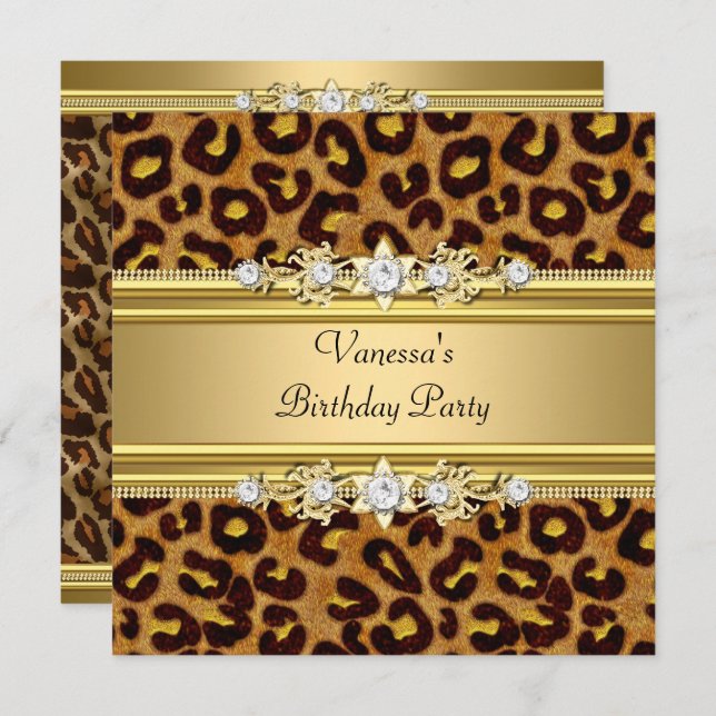 Birthday Party Wild Animal Print Gold Black Invitation (Front/Back)