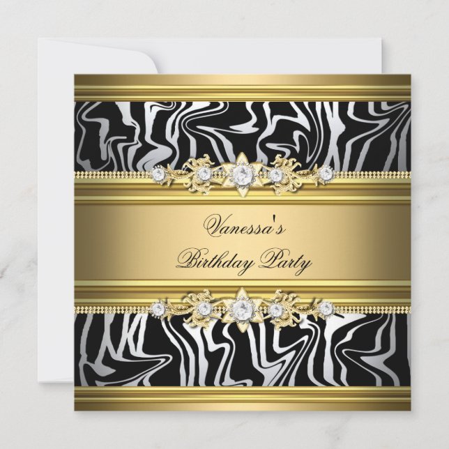 Birthday Party Wild Animal Print Gold Black White Invitation (Front)