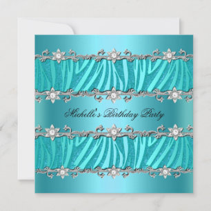 Birthday Party Wild Teal Zebra Diamond Invitation