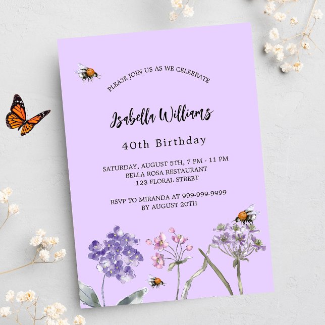 Birthday party wildflowers violet pink bee invitation postcard (Creator Uploaded)