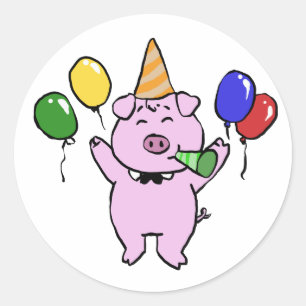 Birthday party with a cute pig choose back colour classic round sticker