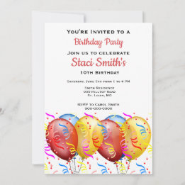 Birthday Party with Balloons Girl 10 Invitation