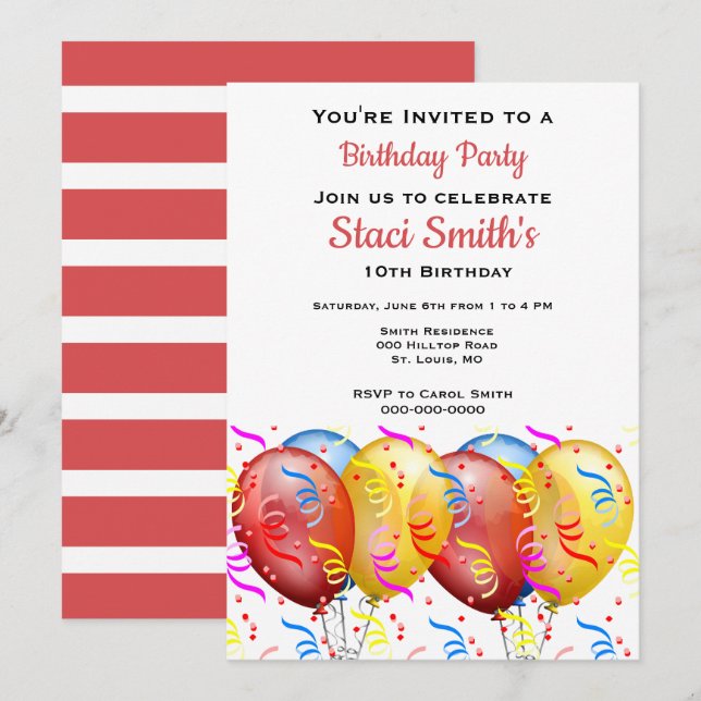 Birthday Party with Balloons Girl 10  Invitation (Front/Back)