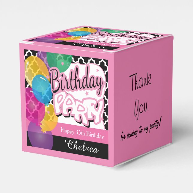 Birthday Party with Balloons in Pink Favour Box (Front Side)