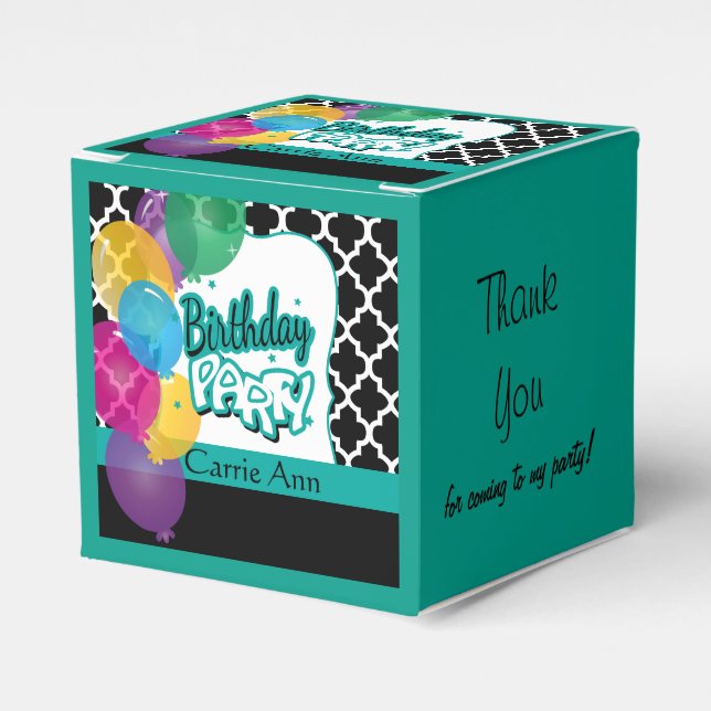Birthday Party with Balloons in Teal Favour Box (Front Side)